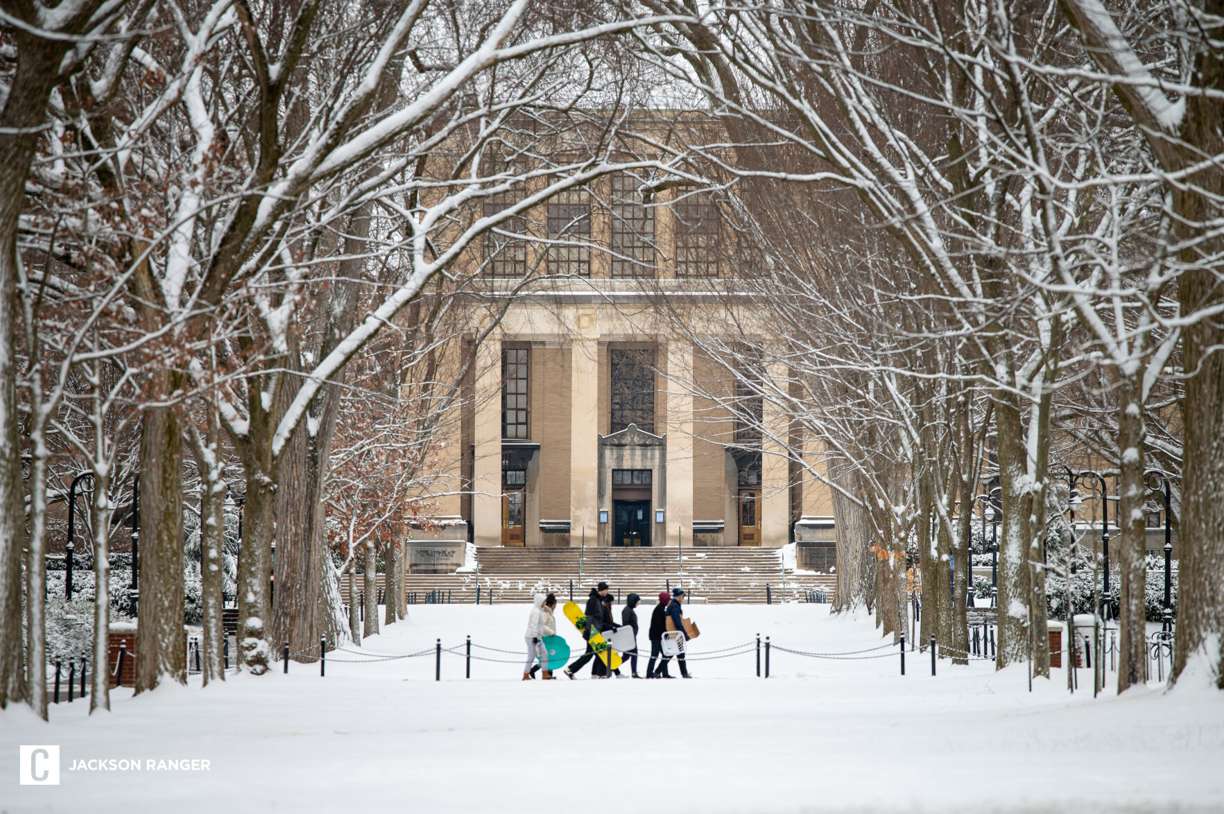 Snow Day, Students heading to the HUB with sleds